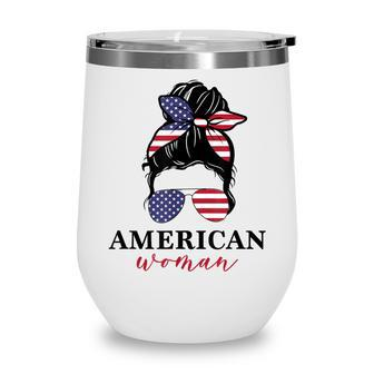 All American Girl Messy Bun Flag 4Th Of July Sunglasses Wine Tumbler - Seseable