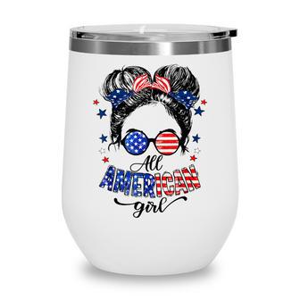 All American Girls 4Th Of July Daughter Messy Bun Usa V4 Wine Tumbler - Seseable