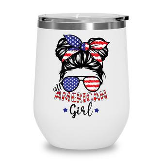 All American Girls 4Th Of July Daughter Messy Bun Usa V5 Wine Tumbler - Seseable