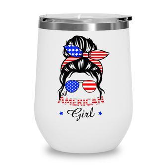 All American Girls 4Th Of July Daughter Messy Bun Usa V6 Wine Tumbler - Seseable