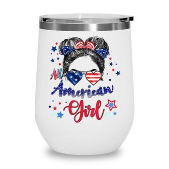 All American Girls 4Th Of July Daughter Messy Bun Usa V7 Wine Tumbler - Seseable