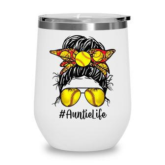 Bleached Softball Auntie Life Messy Bun Game Day Mothers Day Wine Tumbler - Thegiftio UK