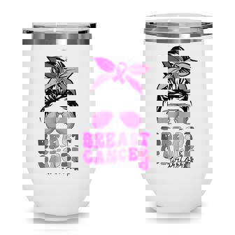 Breast Cancer Warrior Messy Bun Women Groovy Retro Pink Wine Tumbler - Thegiftio
