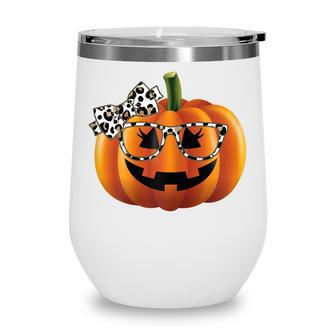 Cute Pumpkin Face With Leopard Print Glasses Girls Halloween V2 Wine Tumbler - Seseable