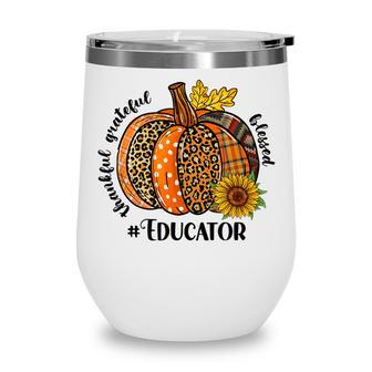 Fall Thankful Grateful Leopard Pumpkin Educator Thanksgiving  Wine Tumbler