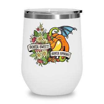 Floral Sorta Sweet Sorta Spooky Halloween Scary Pumpkin Face Wine Tumbler - Seseable