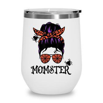 Funny Halloween Messy Bun Leopard Pumpkin Momster Wine Tumbler - Seseable