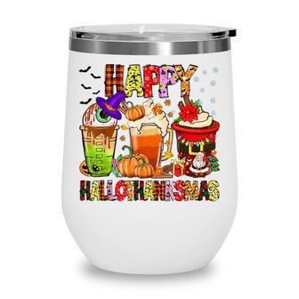 Happy Hallothanksmas Coffee Latte Halloween Thanksgiving V2 Wine Tumbler - Thegiftio UK