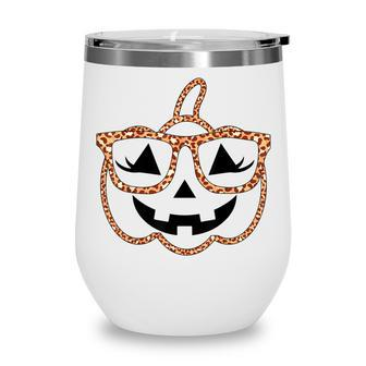Jack O Lantern Face Pumpkin Halloween Leopard Print Glasses V4 Wine Tumbler - Seseable