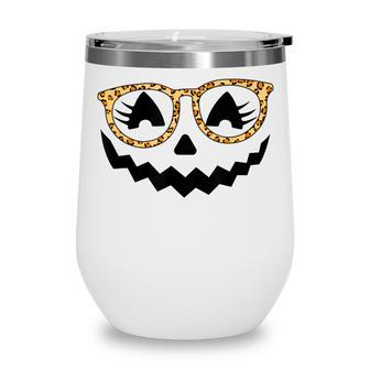 Jack O Lantern Face Pumpkin Halloween Leopard Print Glasses V5 Wine Tumbler - Seseable