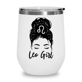 Leo Girl Messy Bun Zodiac Symbol Woman Birthday Costume Wine Tumbler - Thegiftio UK