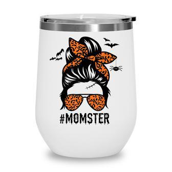 Mom Messy Bun Halloween Leopard Womens Momster Funny Spooky Wine Tumbler - Seseable