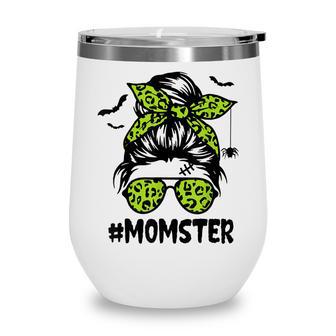 Momster For Women Halloween Mom Messy Bun Leopard Wine Tumbler - Seseable