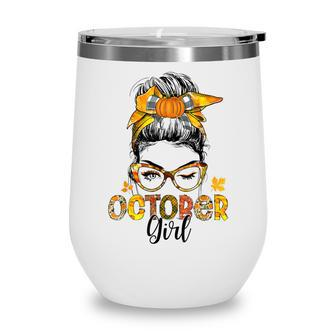 October Girl Messy Bun Hair Fall Tree Autumn Halloween Wine Tumbler - Thegiftio UK