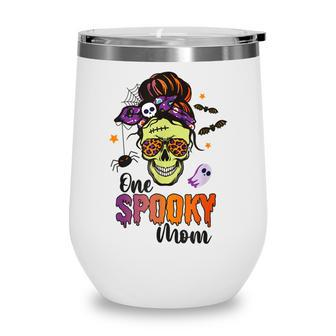One Spooky Mama Mom Halloween Skull Messy Hair Bun Mother Wine Tumbler - Seseable