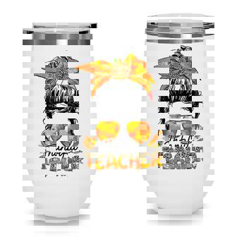 One Thankful Teacher Leopard Messy Bun Thanksgiving Autumn V3 Wine Tumbler - Thegiftio