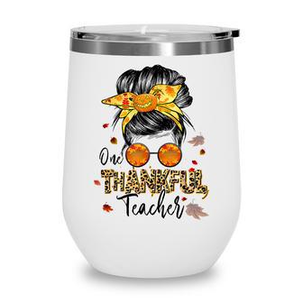 One Thankful Teacher Messy Bun Pumpkin Thanksgiving Wine Tumbler - Thegiftio UK