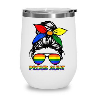 Proud Aunt Messy Bun Rainbow Lgbt Gay Pride Month Wine Tumbler - Thegiftio UK