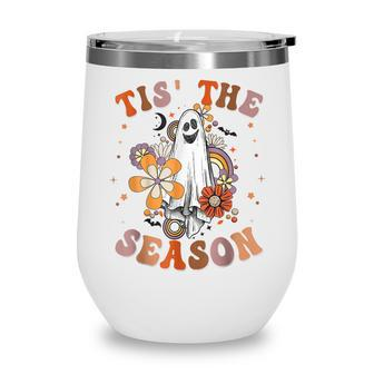 Retro Groovy Tis The Season Pumpkin Ghost Hippie Halloween Wine Tumbler - Thegiftio UK