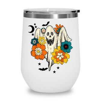 Retro Vintage Groovy Pumpkin Halloween Colors Flower Ghost V2 Wine Tumbler - Thegiftio UK