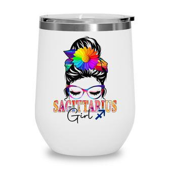 Sagittarius Girl Birthday Messy Bun Hair Colorful Floral Wine Tumbler - Seseable