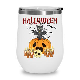 Scary Pumpkin And Vampire Bat Cat Halloween Trick Or Treat Wine Tumbler - Seseable