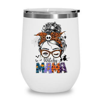 Witchy Mama Halloween Messy Bun Skull Witch Mom Women Spooky Wine Tumbler - Seseable