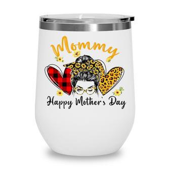 Womens Mommy Life Leopard Plaid Hearts Messy Bun Mothers Day Graphic Design Printed Casual Daily Basic Wine Tumbler - Thegiftio UK