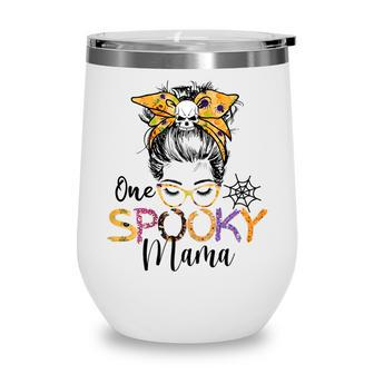 Womens One Spooky Mama Messy Bun Funny Mom Halloween Spider Costume Wine Tumbler - Seseable