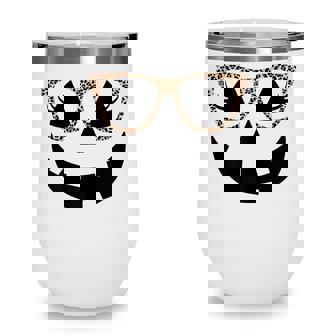 Womens Pumpkin Face Leopard Glasses With Eyelashes Halloween Wine Tumbler - Seseable