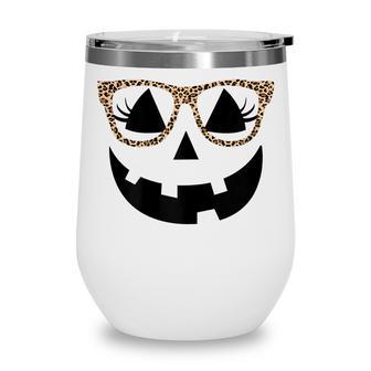 Womens Pumpkin Face Leopard Glasses With Eyelashes Halloween Wine Tumbler - Seseable