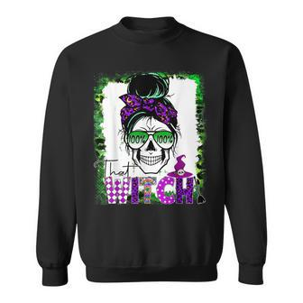 100% That Witch Halloween Costume Messy Bun Skull Witch Girl Sweatshirt - Seseable