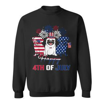 4Th July American Flag Three Red White Pug Blue Firework Sweatshirt - Seseable