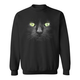 Beautiful Black Cat Face Big Green Eyes Cool Halloween Cats Sweatshirt - Seseable