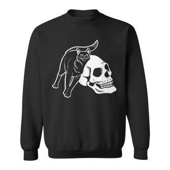 Black Cat And Human Skeleton Skull Punk Goth And Halloween Sweatshirt - Seseable