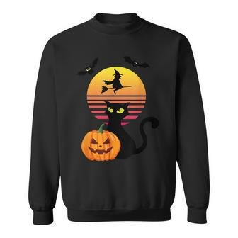 Black Cat Bat Witch And Pumpkin At Sunset On Halloween Sweatshirt - Seseable