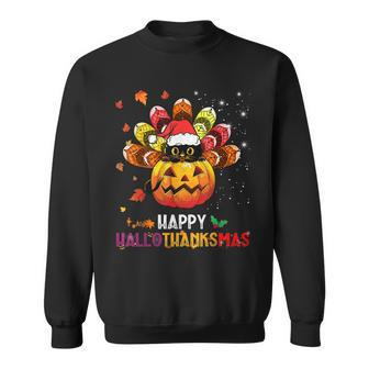 Black Cat Halloween And Merry Christmas Happy Hallothanksmas Sweatshirt - Seseable