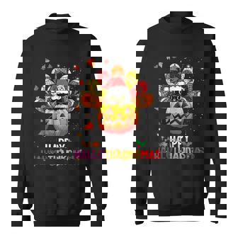 Black Cat Halloween And Merry Christmas Happy Hallothanksmas Sweatshirt - Seseable