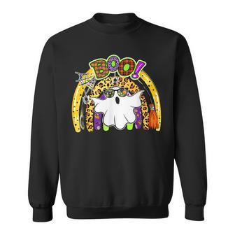 Boo Funny Ghost Leopard Boho Rainbow Halloween Costume Men Women Sweatshirt Graphic Print Unisex - Thegiftio UK