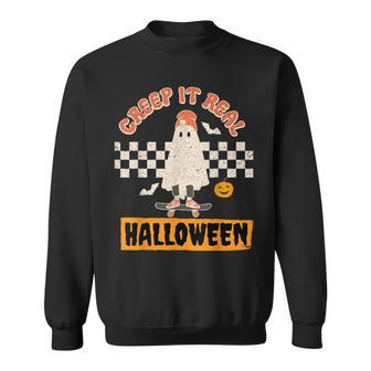 Creep It Real Retro Halloween Funny Ghost Skateboarding Sweatshirt - Seseable
