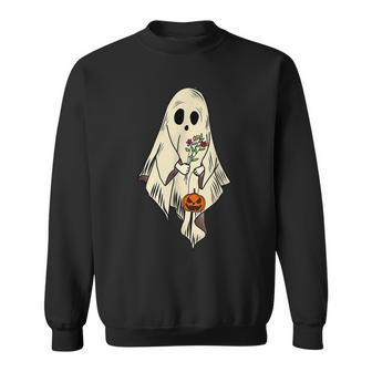 Cute Halloween Spooky Season Groovy Vintage Floral Ghost Men Women Sweatshirt Graphic Print Unisex - Thegiftio UK