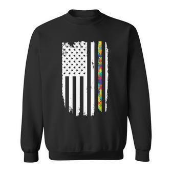 Distress Thin Puzzle Line Autism Awareness Tribute Flag Sweatshirt - Monsterry