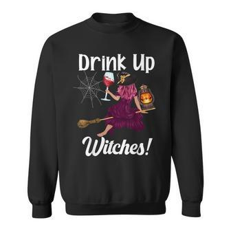 Drink Up Witches Funny Witch With Big Wine Glass Halloween Sweatshirt - Seseable
