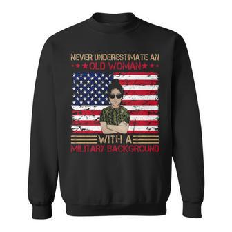 Female Veteran Never Underestimate An Old Woman With A Military Background Sweater Custom Military Woman Gift Gift For Veteran Mom Veteran Day Gift Sweatshirt - Thegiftio UK