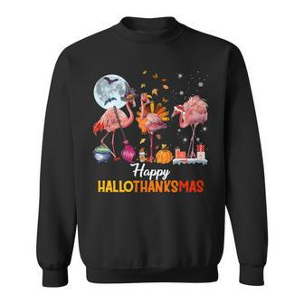Flamingo Halloween And Merry Christmas Happy Hallothanksmas Men Women Sweatshirt Graphic Print Unisex - Thegiftio UK
