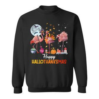 Flamingo Halloween And Merry Christmas Happy Hallothanksmas Sweatshirt Men Women Sweatshirt Graphic Print Unisex - Thegiftio UK