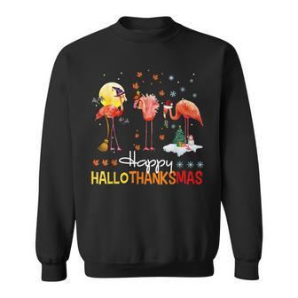 Flamingo Happy Hallothanksmas Funny Halloween Thanksgiving V2 Men Women Sweatshirt Graphic Print Unisex - Thegiftio UK
