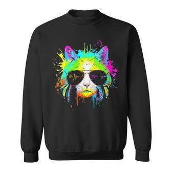 Funny Kitty Colorful Rainbow Rave Music Dj Party Cat Sweatshirt - Thegiftio UK