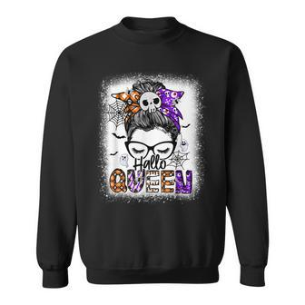 Hallo Queen Messy Bun Witch Halloween Costume Bleached Men Women Sweatshirt Graphic Print Unisex - Thegiftio UK