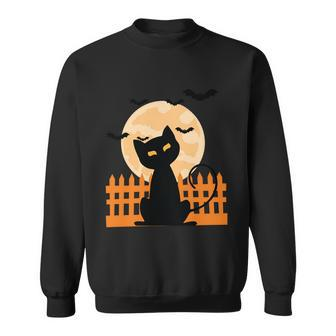 Halloween Black Cat Full Moon With Bats Men Women Sweatshirt Graphic Print Unisex - Thegiftio UK